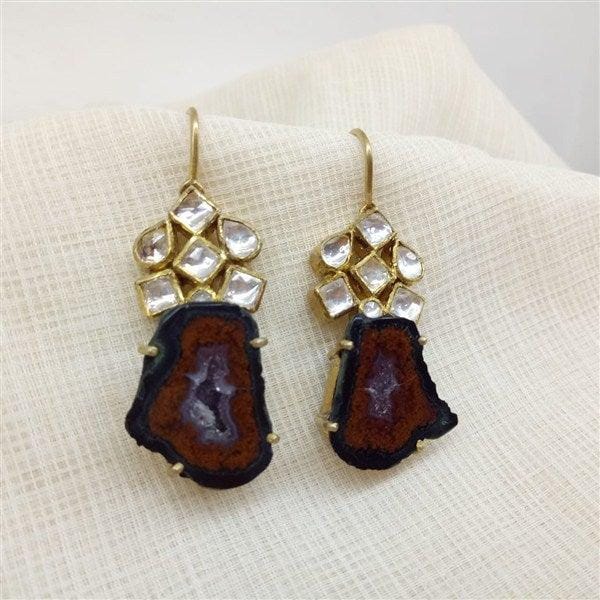 Hanging Flower Earring Brown Agate Stone With Kundan in Silver With Gold Polish