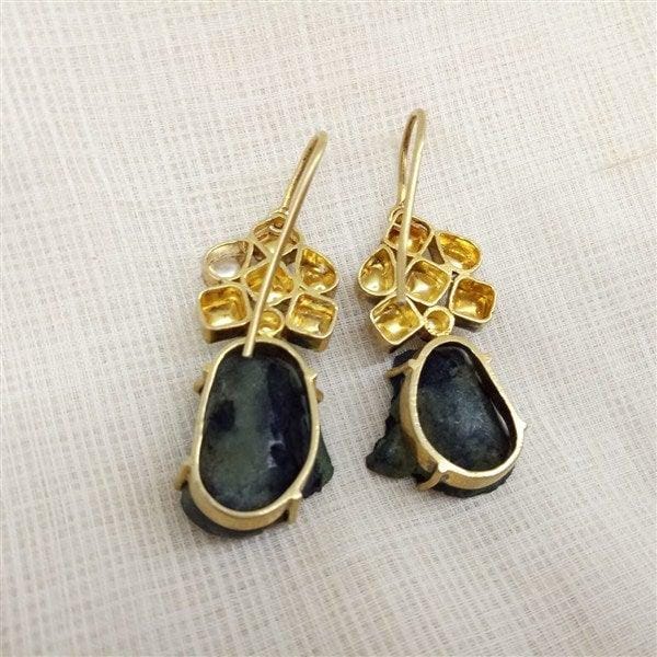 Hanging Flower Earring Brown Agate Stone With Kundan in Silver With Gold Polish