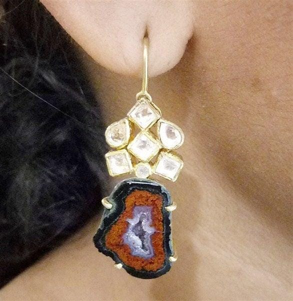 Hanging Flower Earring Brown Agate Stone With Kundan in Silver With Gold Polish
