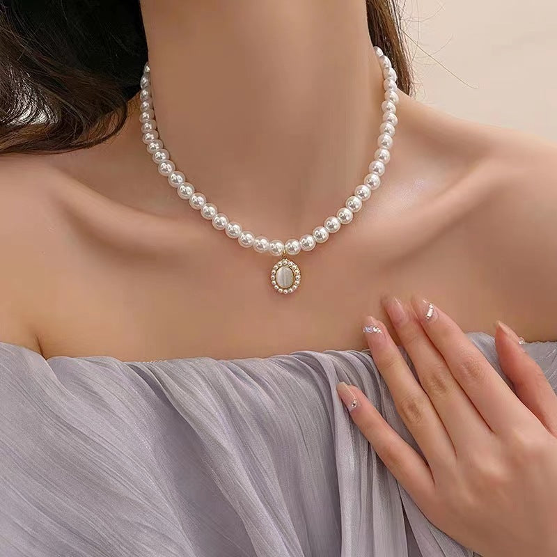 French Retro Cat Eye Stone Pearl Necklace Earring Set